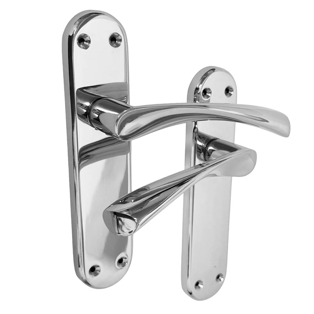 London Astrid Twist Door Handle Polished Chrome Lever on Backplate with Latch Hinges