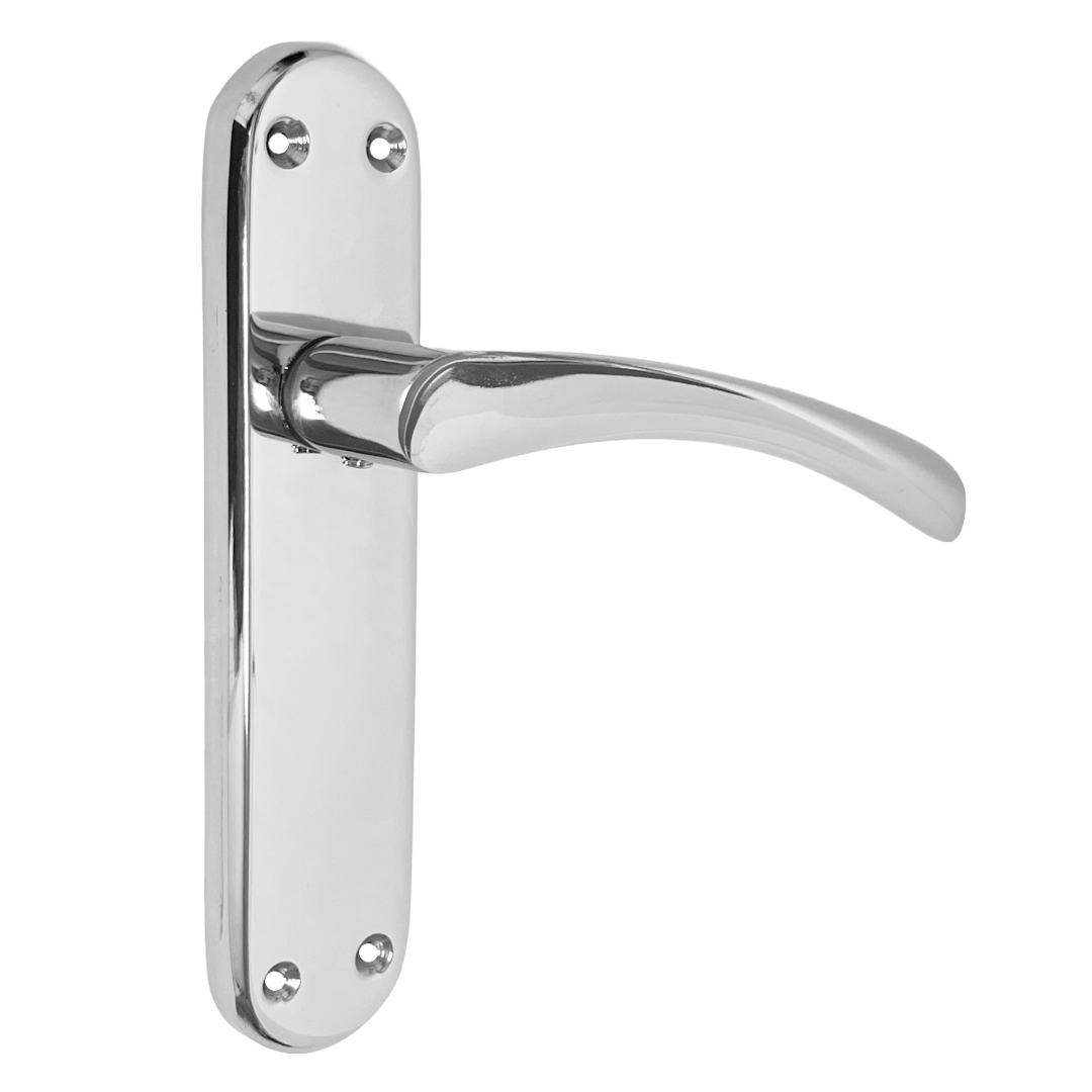 London Astrid Twist Door Handle Polished Chrome Lever on Backplate with Latch Hinges