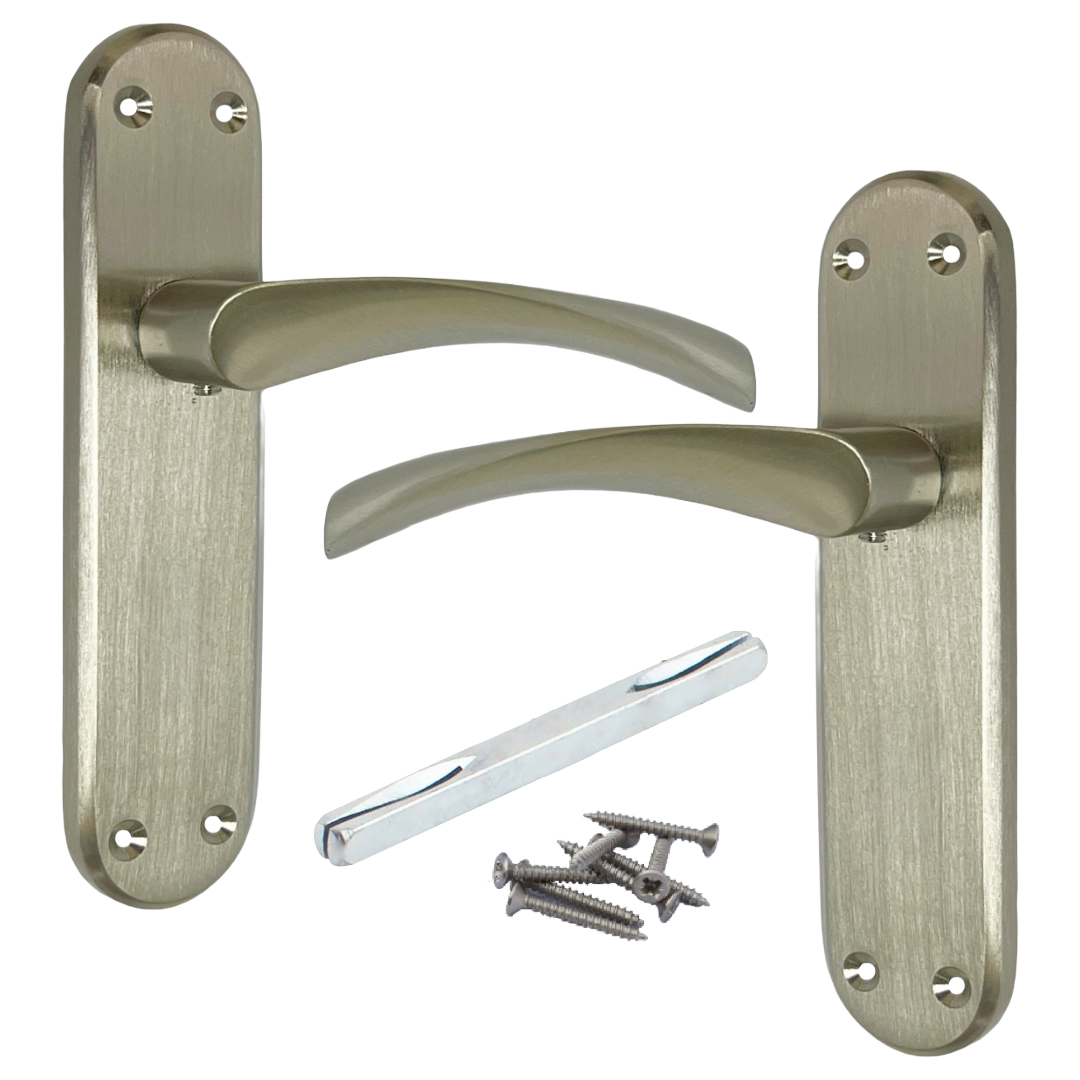 London Astrid Twist Door Handle Satin Nickel Lever on Backplate with Latch Hinges