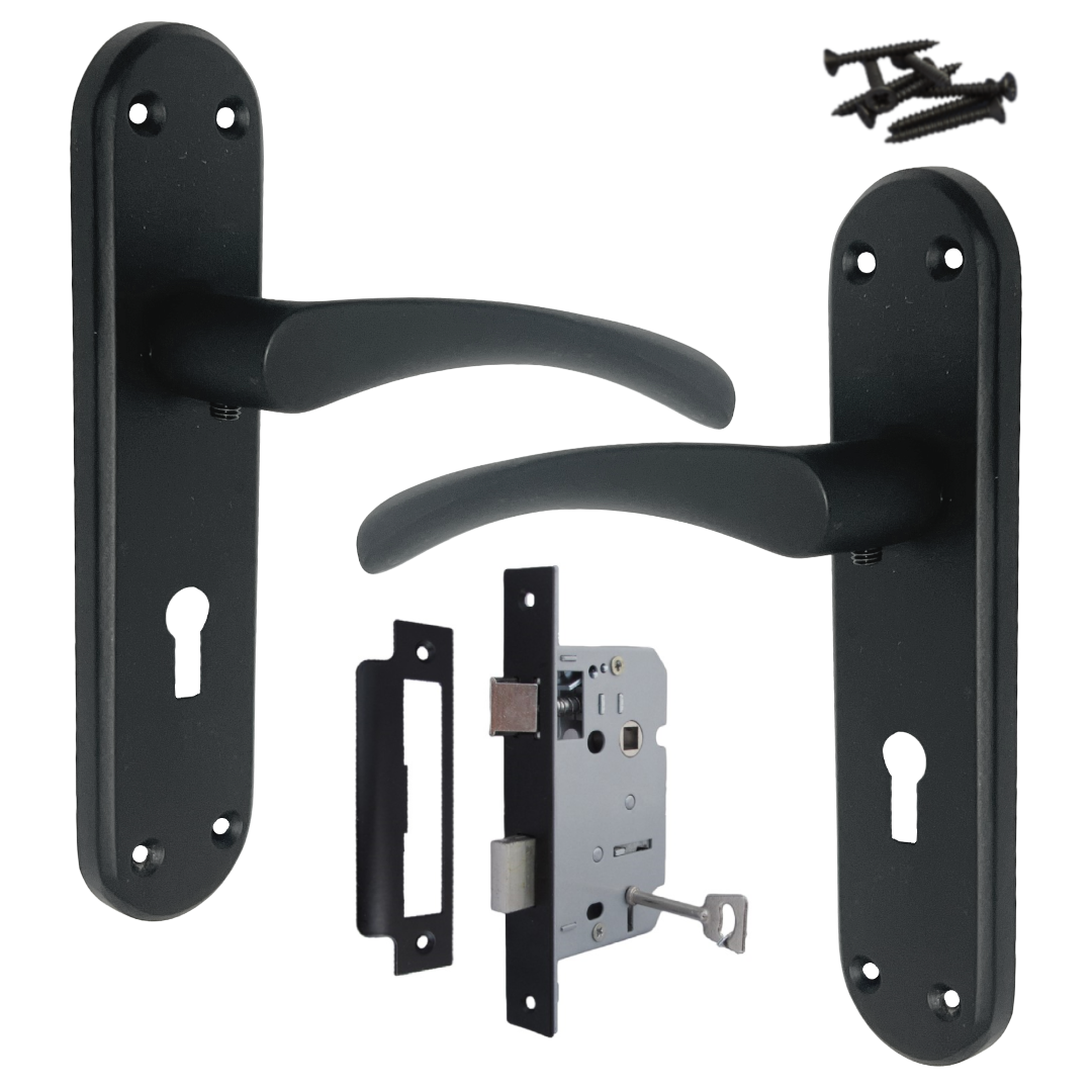 London Astrid Twist Door Handle Matt Black Lever on Backplate with Lock and Key