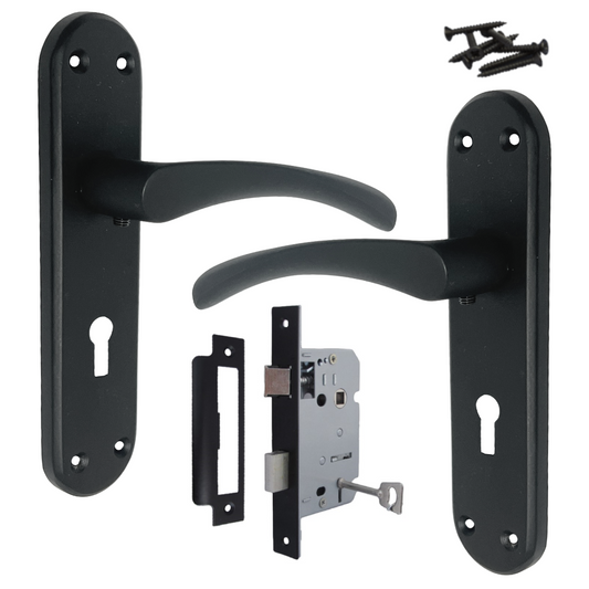 London Astrid Twist Door Handle Matt Black Lever on Backplate with Lock and Key