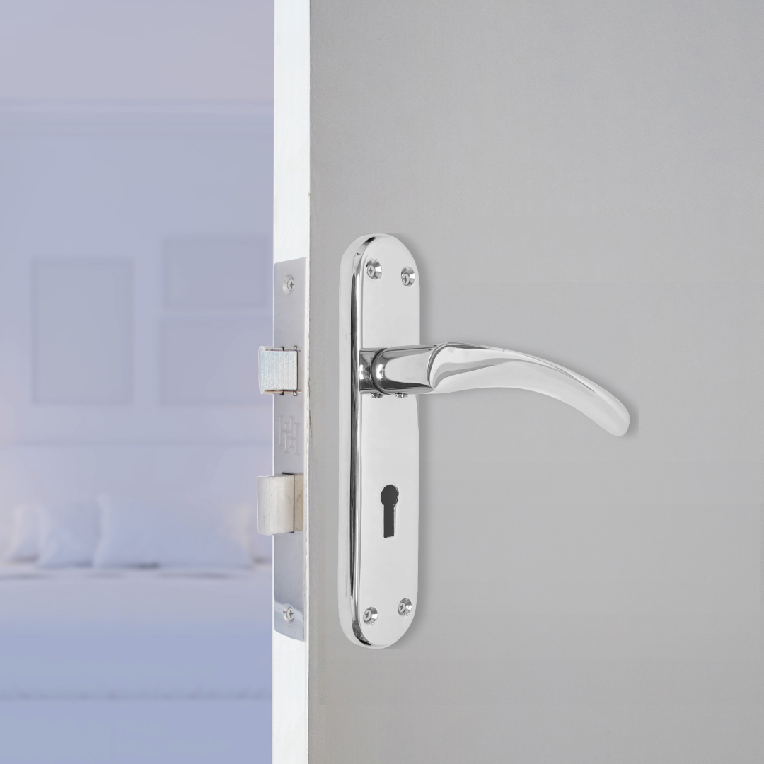 Metal door handle on a wooden door