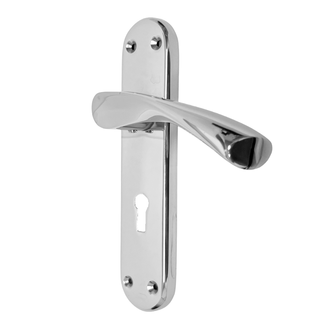 London Astrid Twist Door Handle Polished Chrome Lever on Backplate Lock Handles