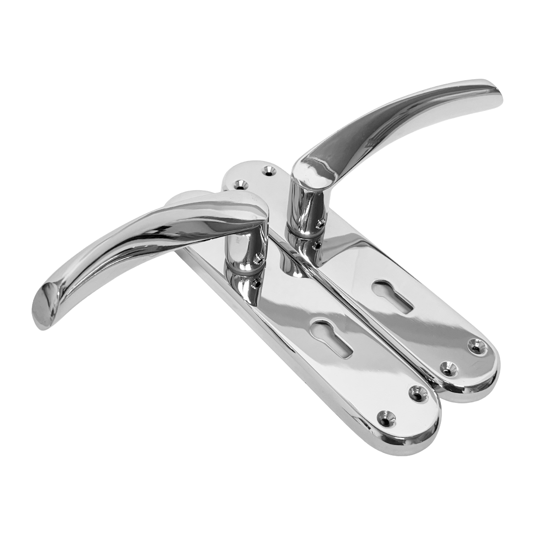 Chrome door handle on a white background