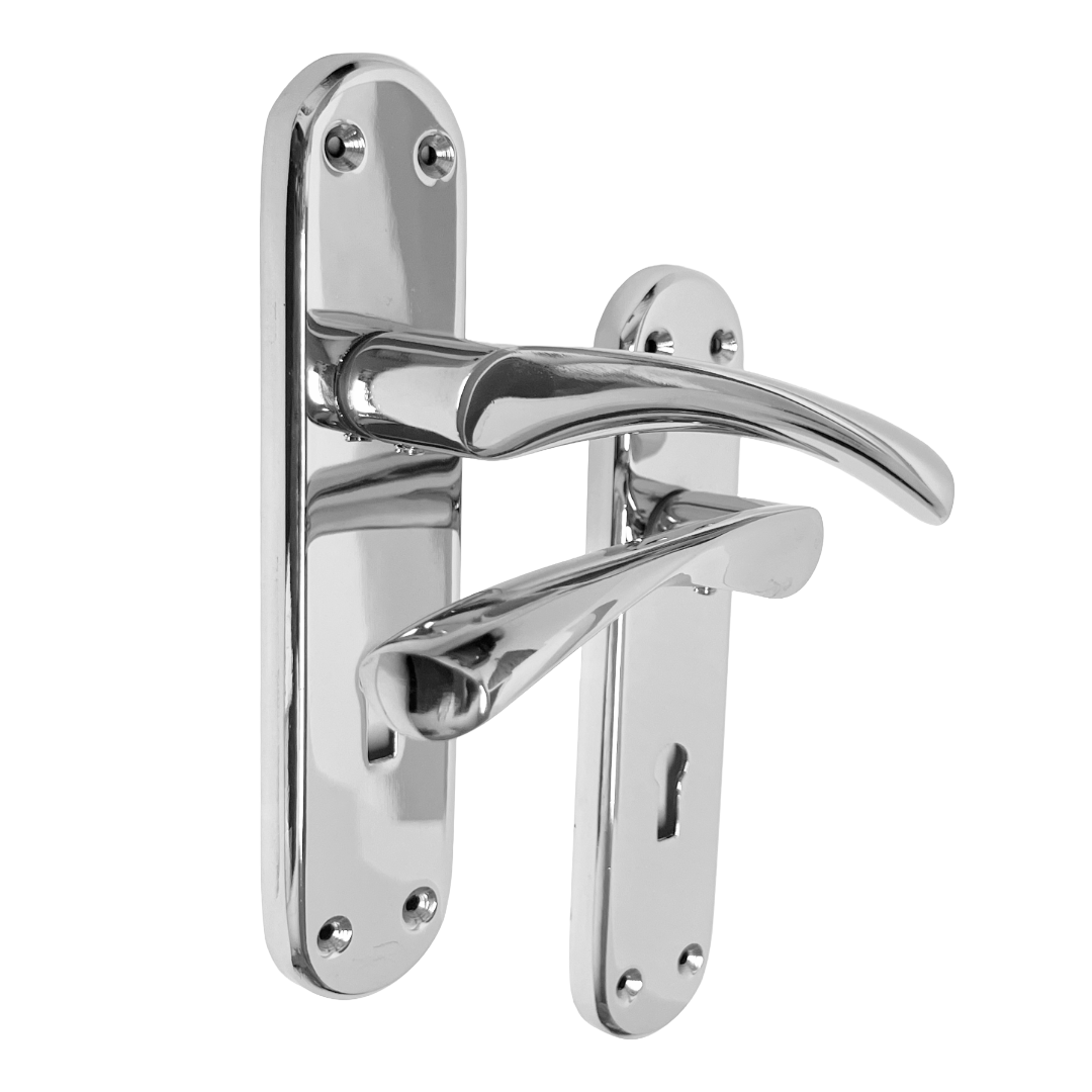 Polished chrome door handle set on a white background