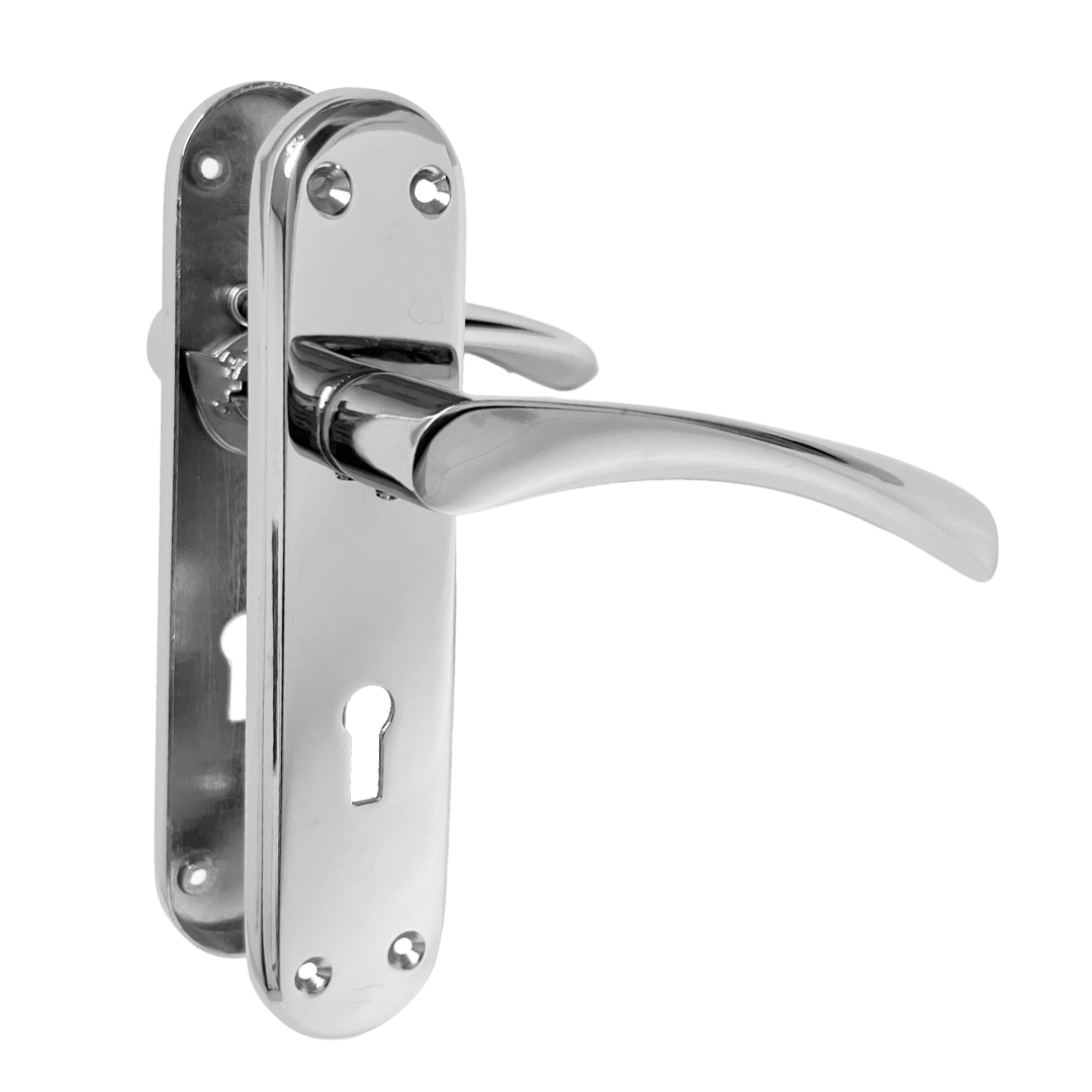 Chrome door handle on a white background