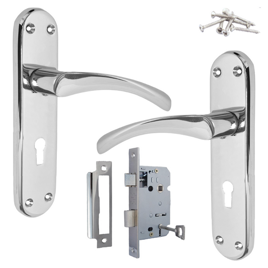 Chrome door handle set with lock mechanism on a white background