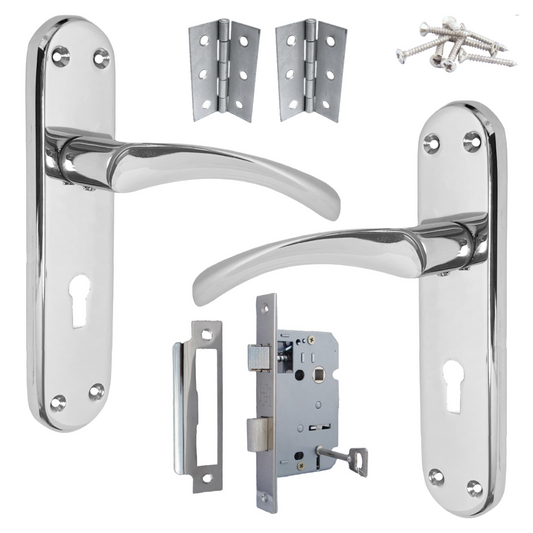 London Astrid Twist Door Handle Polished Chrome Lever on Backplate with Lock Key Hinges