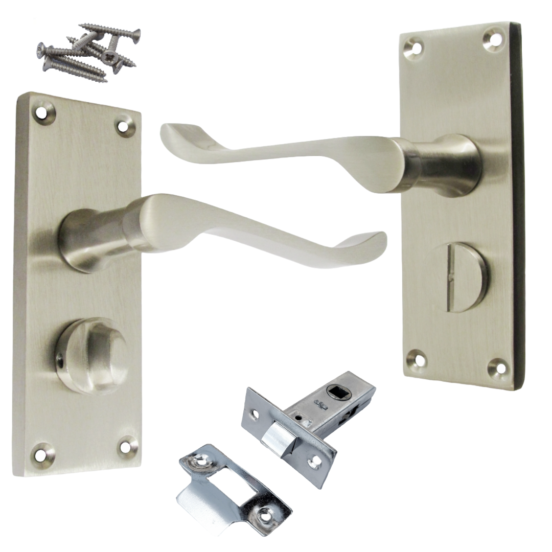 Poignées de porte à volutes pour salle de bain, WC, serrure de confidentialité - Satin 118 x 40 mm