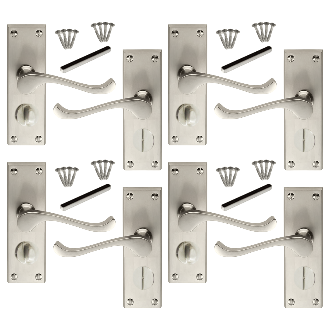 Poignées de porte multi-packs style victorien, levier à volutes, serrure de salle de bain privée - Satin, 1/4/6 paires