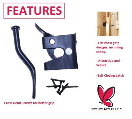 Garden Gate Pack 2x Tee Hinges Auto Gate Latch Return Spring Side Door Kit Black