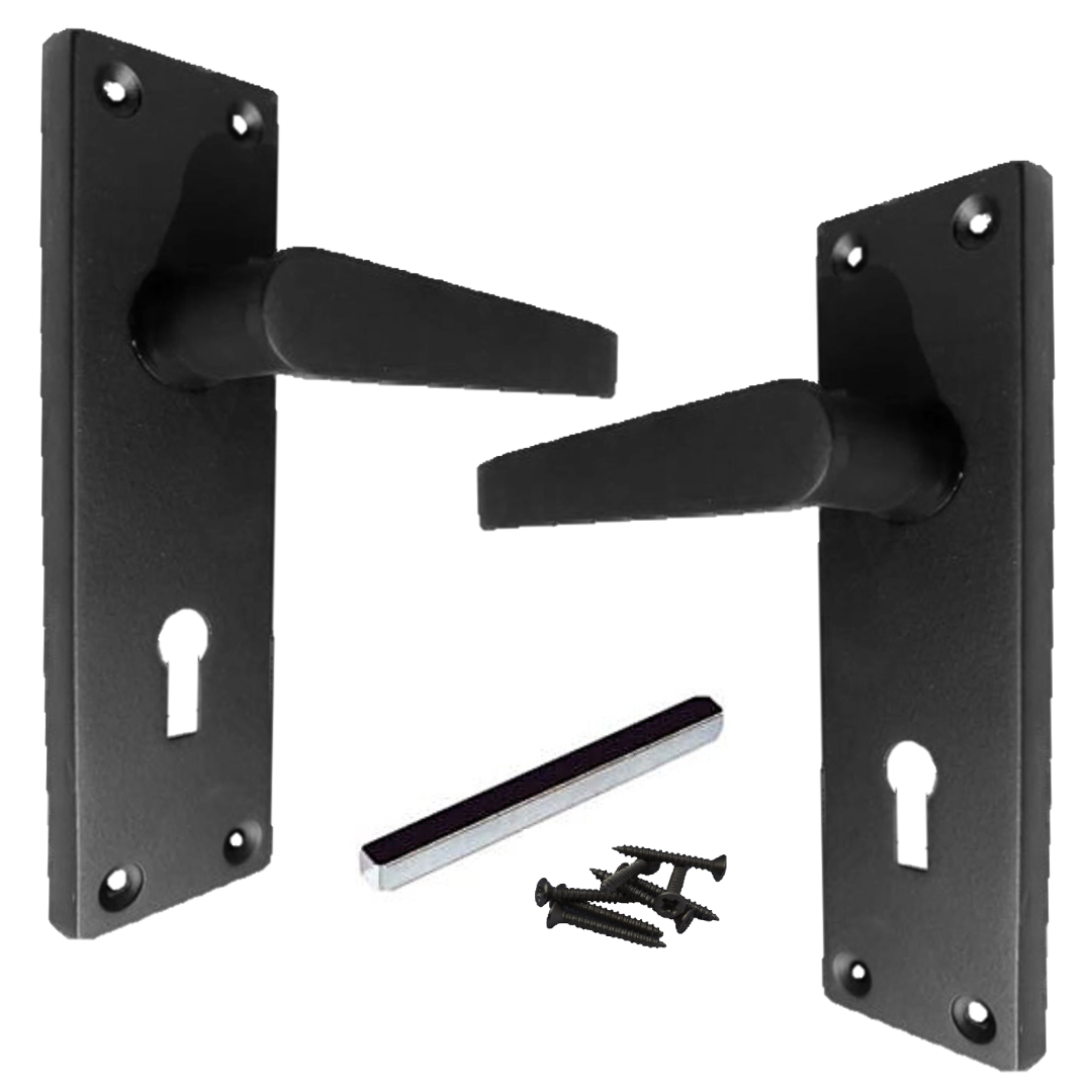 Door Handles Straight Lever Lock Keys Hinge Set - Matt Black 150 x 40mm
