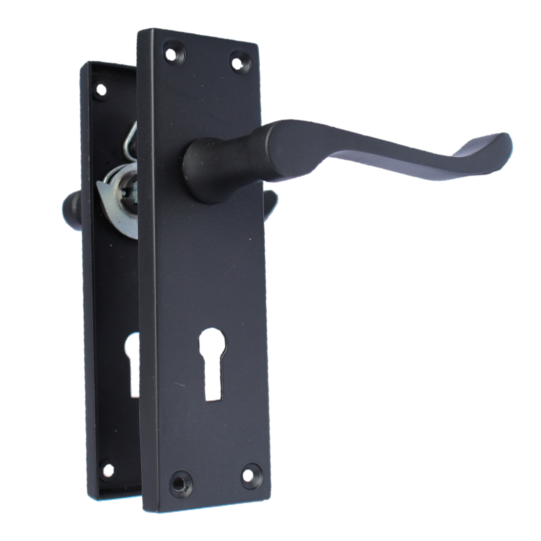 Poignées de porte victoriennes à levier et serrure à volutes - Noir mat 150 x 40 mm