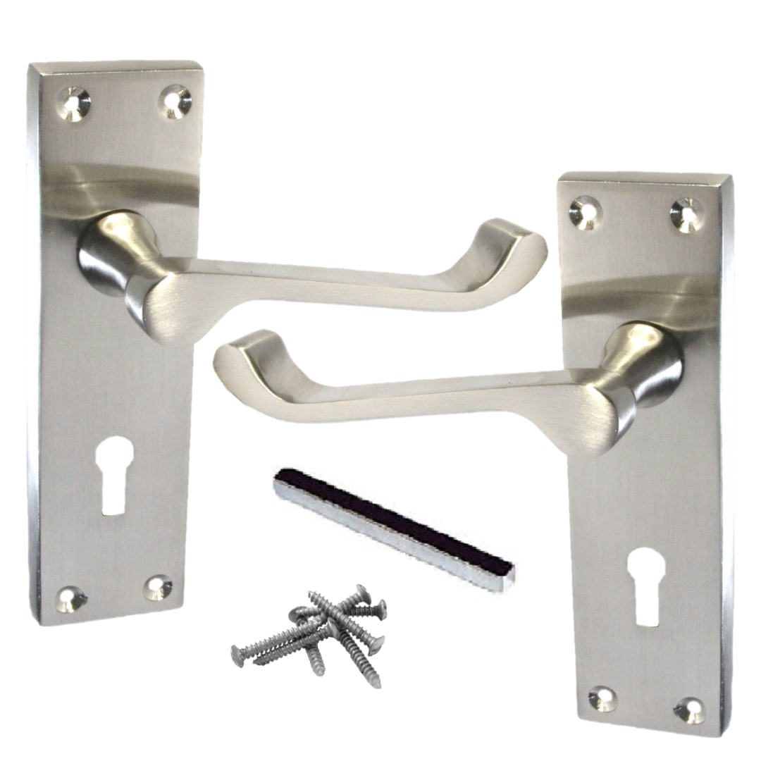 Poignées de porte victoriennes à levier et serrure à volutes - Satin 150 x 40 mm