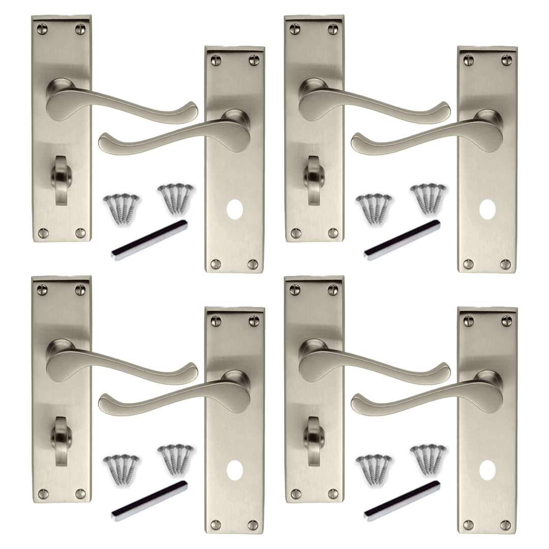Poignées de porte multi-packs, style victorien, levier à volutes, serrure de salle de bain - Satin, 1/4/6 paires