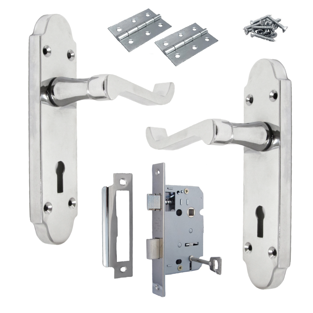 Epsom Door Handle Key Lock Scroll Lever - Polished Chrome Pack Hinges