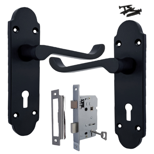 Epsom Door Handle Key Lock Scroll Lever - Matt Black Chrome Pack