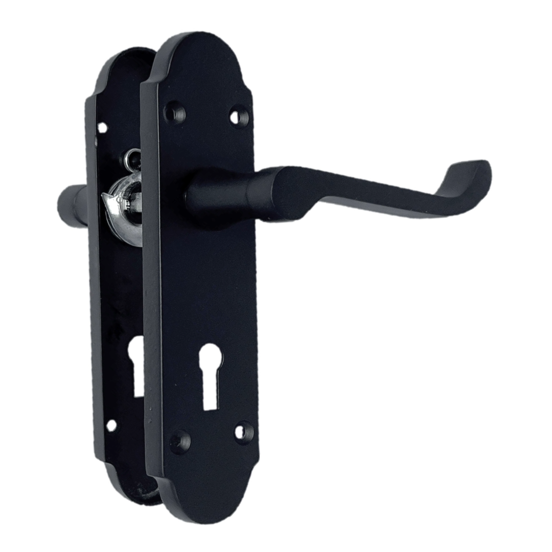 Epsom Door Handle Key Lock Scroll Lever - Matt Black Chrome Pack