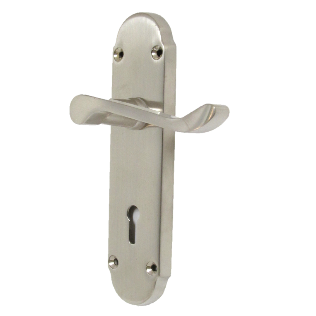 Epsom Door Handles Key Lock Scroll Lever - Satin Pack Hinges