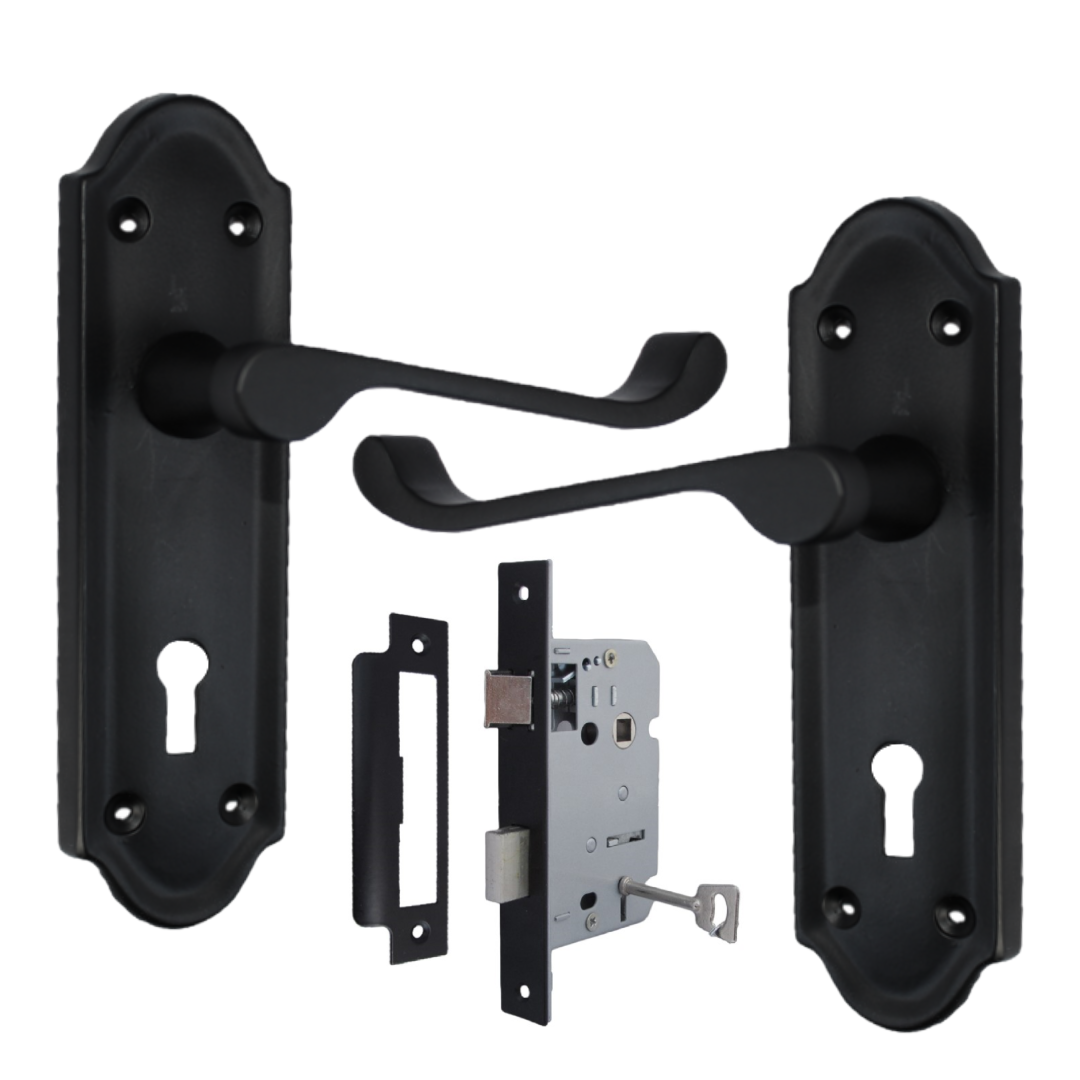 Ashford Door Handle Key Lock Scroll Lever - Matt Black Key Lock Pack