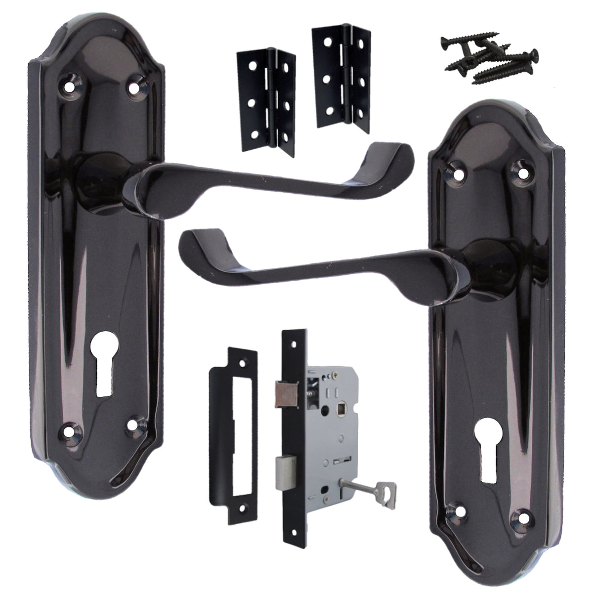 Marketplace JPG companion for Ashford Door Handle Key Lock Scroll Lever - Black Nickel Key Lock Hinge Pack