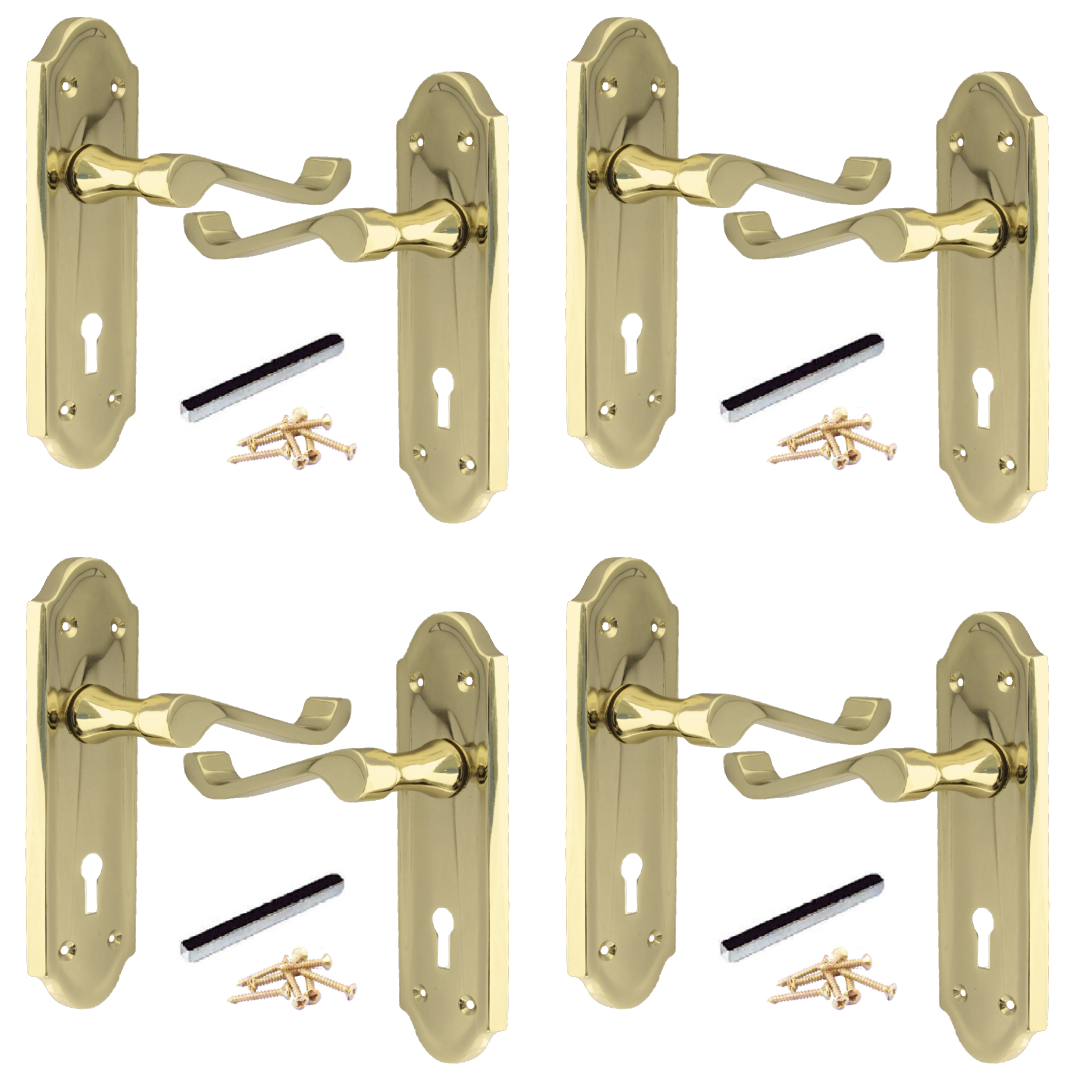 Poignées de porte Ashford multipack, serrure à clé, levier à défilement, laiton, 1/4/6 paires