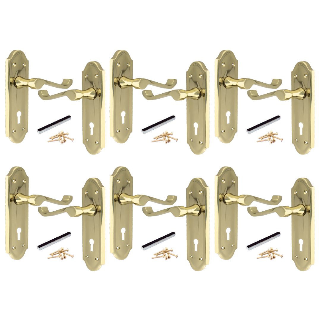 Poignées de porte Ashford multipack, serrure à clé, levier à défilement, laiton, 1/4/6 paires