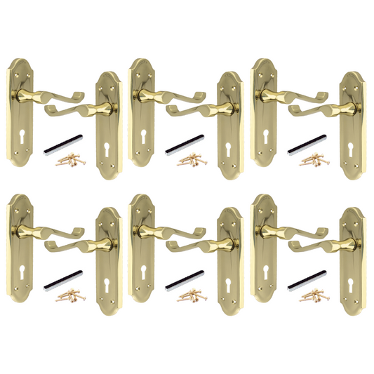 MULTIPACK Door Handles Ashford Key Lock Scroll Lever Brass 1/4/6 Pairs