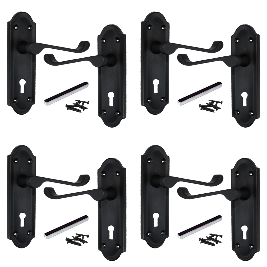 MULTIPACK Door Handles Ashford Key Lock Scroll Lever Matt Black 1/4/6 Pairs