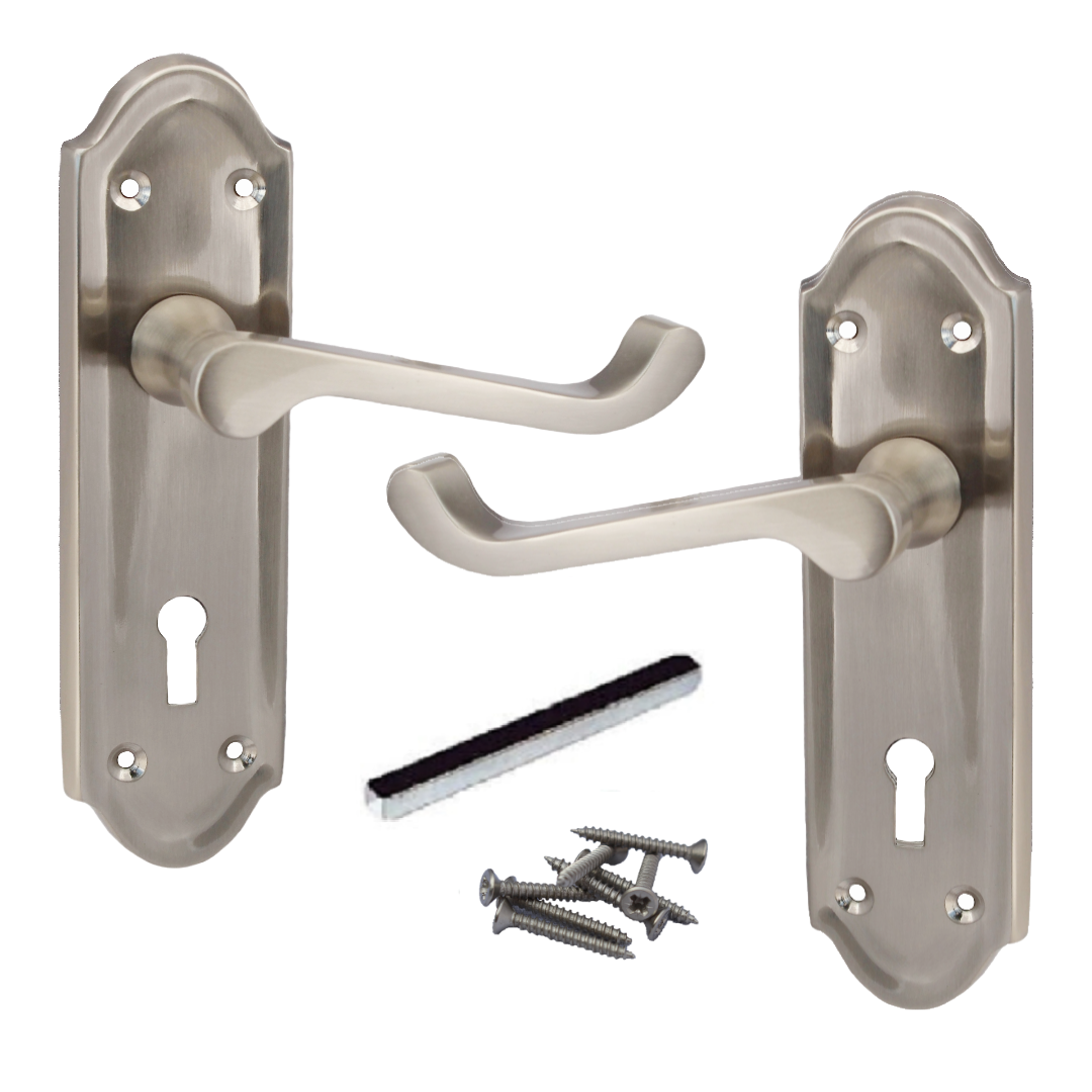 Ashford Door Handle Key Lock Scroll Lever - Satin Key Lock Hinge Pack