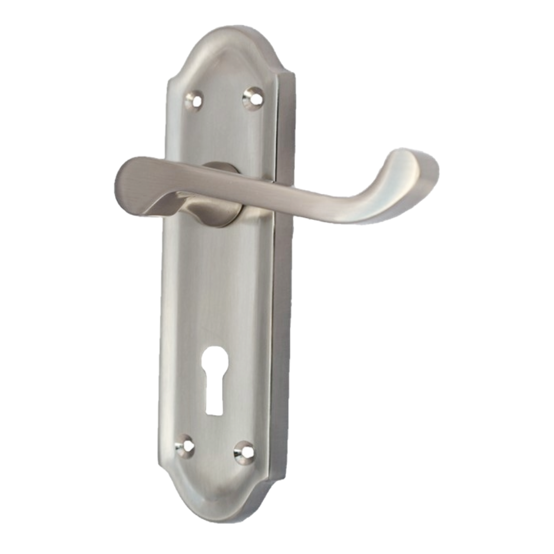 Ashford Door Handle Key Lock Scroll Lever - Satin Key Lock Hinge Pack