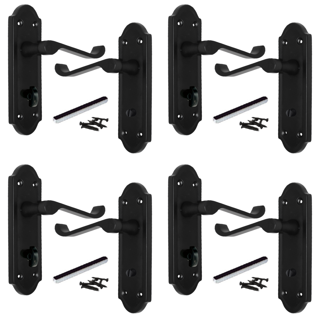 MULTIPACK Door Handles Ashford Bathroom Lock Scroll Lever Matt Black 1/4/6 Pairs