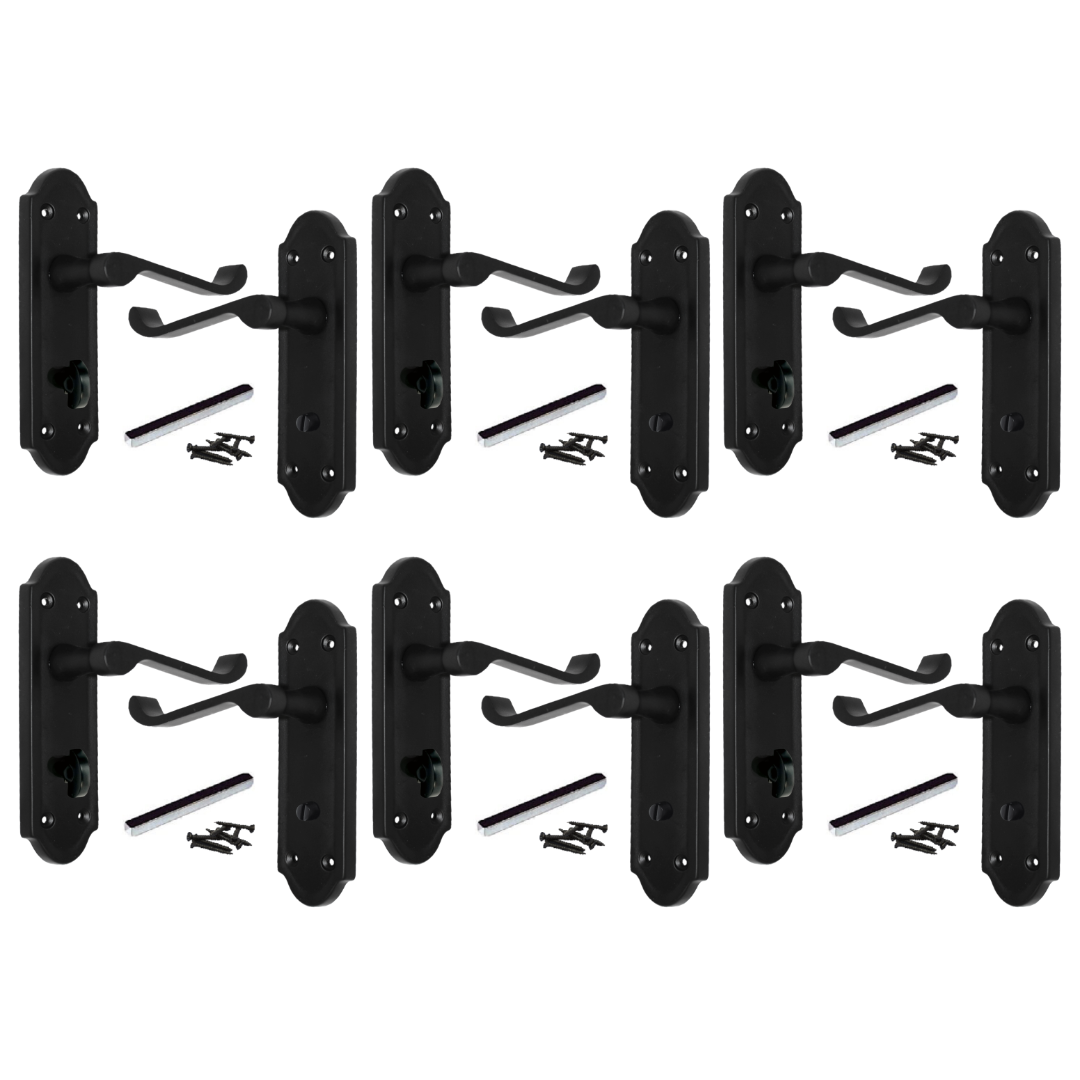 MULTIPACK Door Handles Ashford Bathroom Lock Scroll Lever Matt Black 1/4/6 Pairs