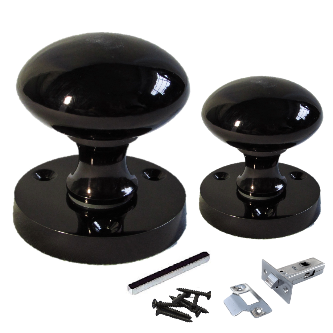 Door Knobs Round Victorian Mortice Knob Sprung - Black Nickel Latch Pack 56mm