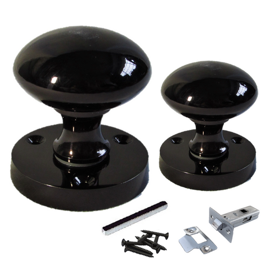 Door Knobs Round Victorian Mortice Knob Sprung - Black Nickel Latch Pack 56mm