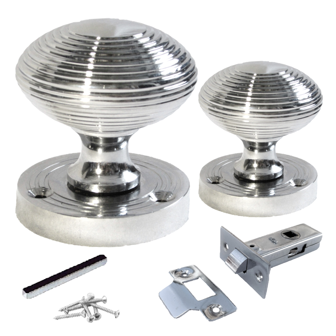 Boutons de porte à mortaise ronds cannelés - Loquet chromé 56 mm