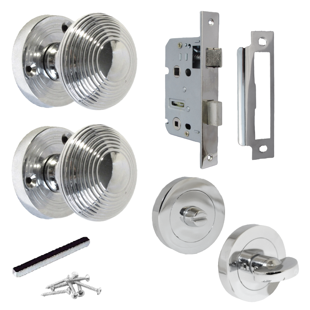 Boutons de porte à mortaise ronds cannelés - Serrure à bouton de salle de bain chromée 56 mm