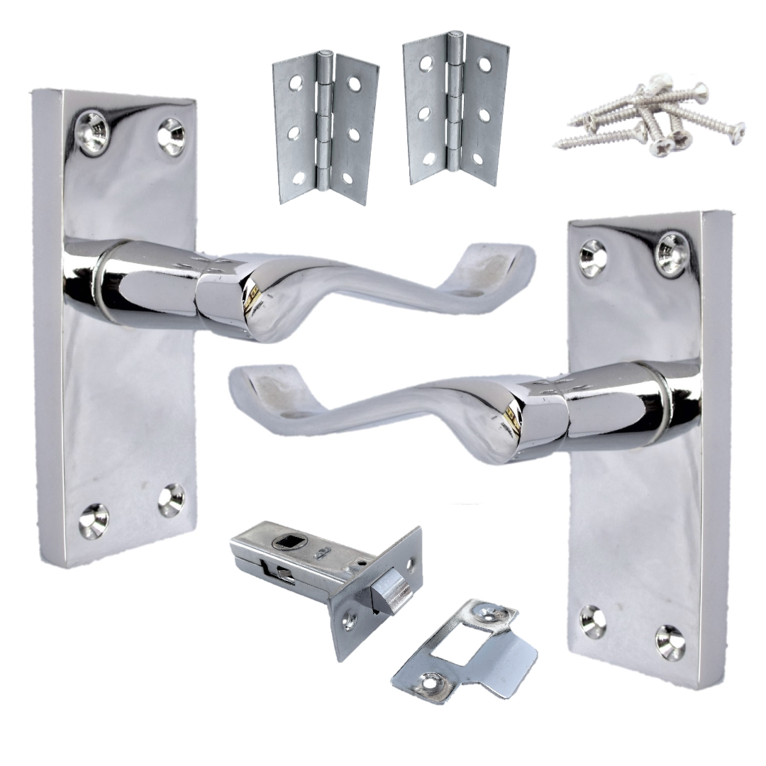 Door Handles Victorian Scroll Lever Latch - Chrome Pack Hinges 118 x 40mm