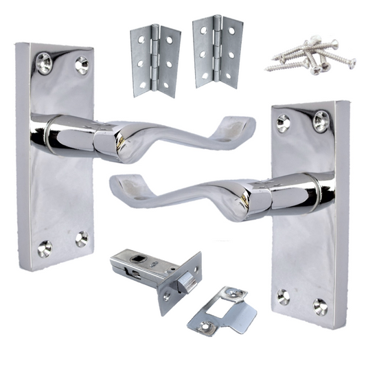Door Handles Victorian Scroll Lever Latch - Chrome Pack Hinges 118 x 40mm