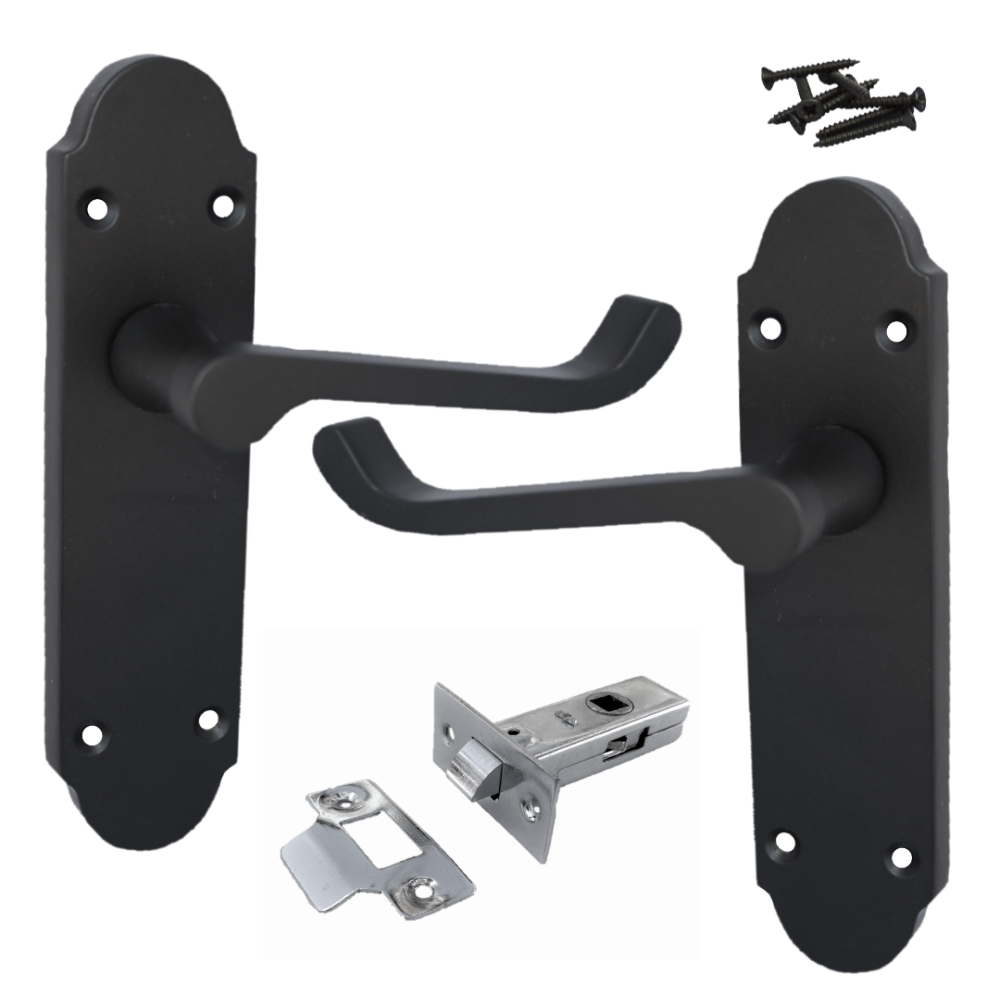Epsom Door Handle Latch Victorian Scroll Lever - Matt Black Chrome Pack