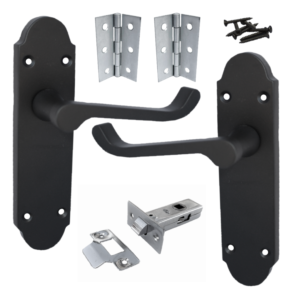 Epsom Door Handle Latch Victorian Scroll Lever - Matt Black Chrome Pack Hinges