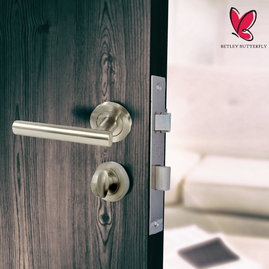 Door Handles T Bar Straight Lever on Rose Bath Thumb turn Lock & Hinges - Satin