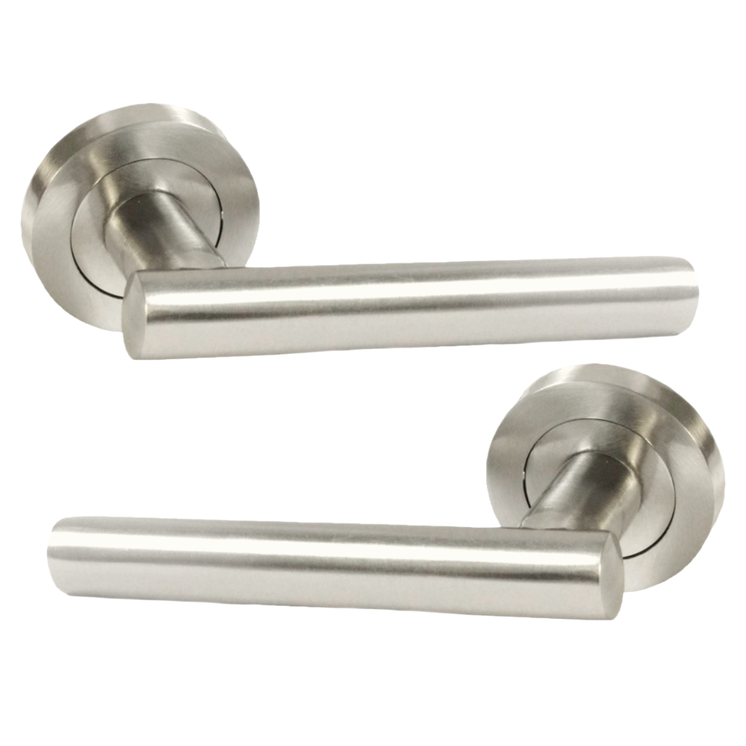 Door Handles T Bar Straight Lever on Rose Bath Thumb turn Lock & Hinges - Satin