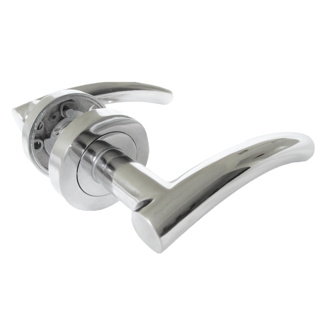 Arched Lever Door Handles on Round Rose Chrome 134mm Thumbturn Bathroom Lock