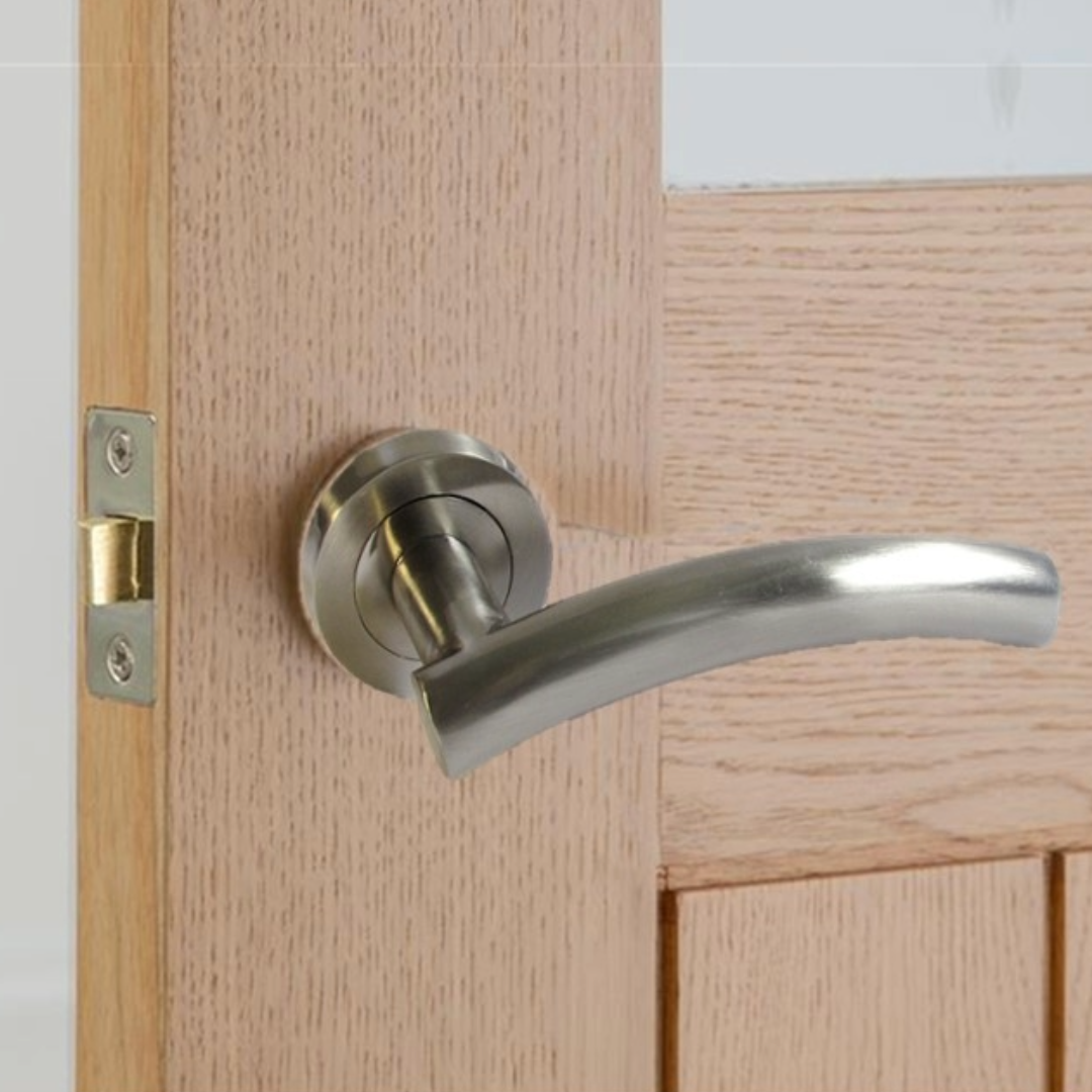 Arched Lever Door Handles on Round Rose - Satin 134mm Tubular Latch