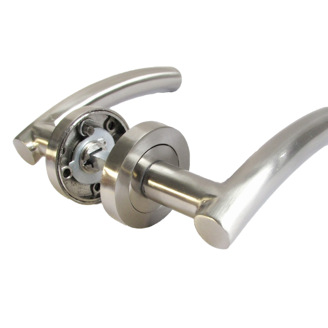 Arched Lever Door Handle on Rose SATIN Tubular Latch Hinges Set