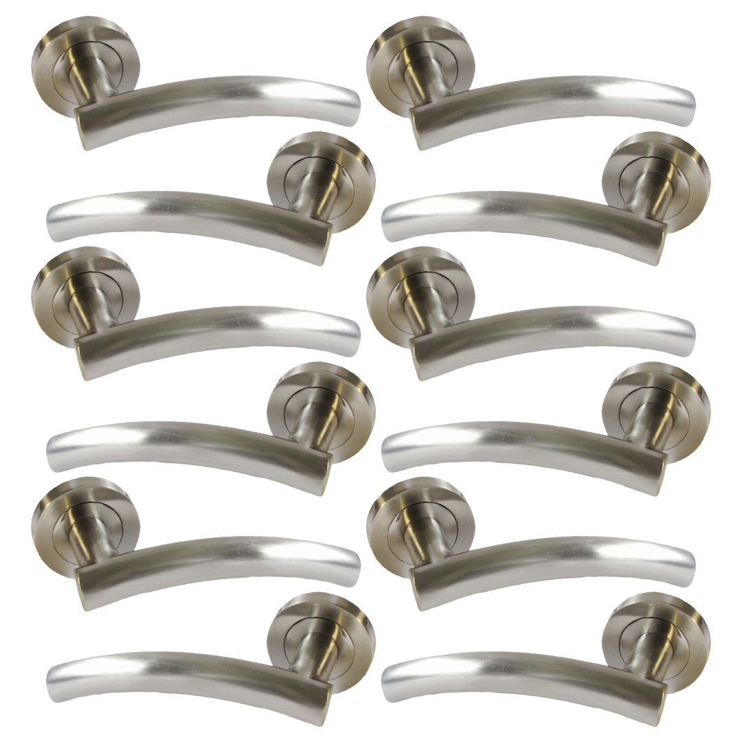 MULTIPACK Arched Lever Door Handles on Round Rose - Satin 134mm