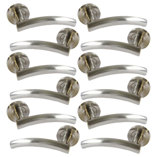 MULTIPACK Arched Lever Door Handles on Round Rose - Satin 134mm