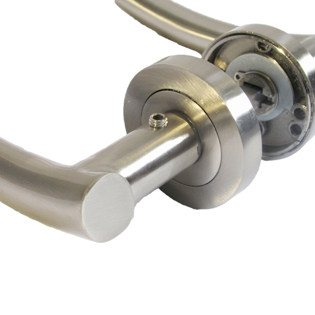 Arched Lever Door Handles on Round Rose - Satin 134mm