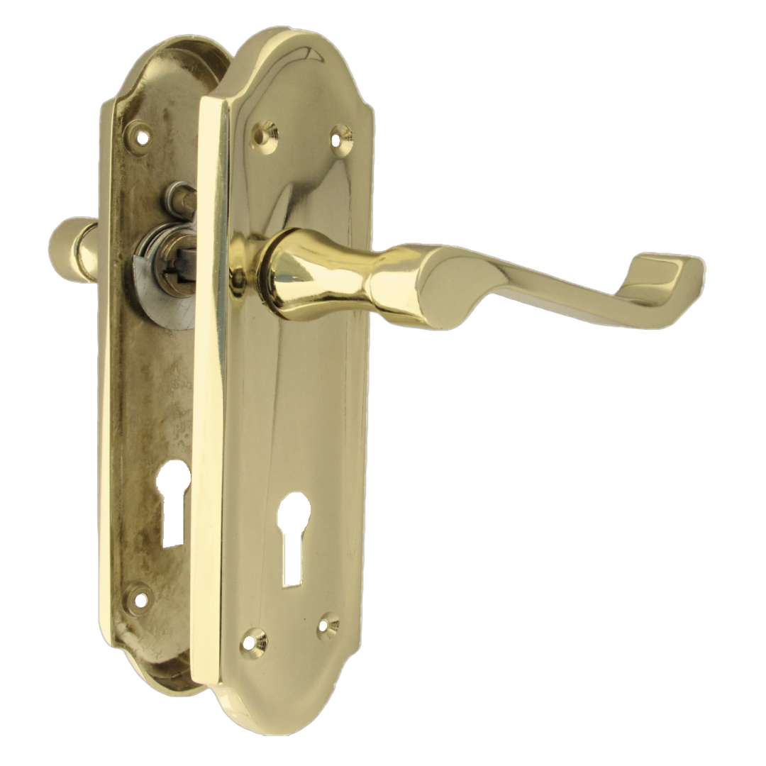 Ashford Door Handle Key Lock Scroll Lever - Polished Brass Key Lock Pack